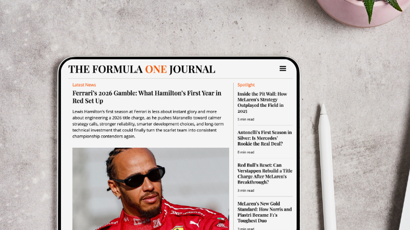 Tablet on a grey surface displaying 'The Formula One Journal' website with an article about Ferrari's 2026 strategy and a photo of Lewis Hamilton in Ferrari racing gear.