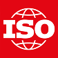ISO logo with white letters and a globe design on a red background.