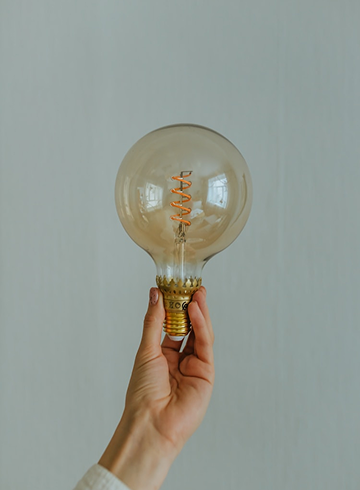 Hand holding a vintage-style light bulb with a visible filament against a plain gray background.