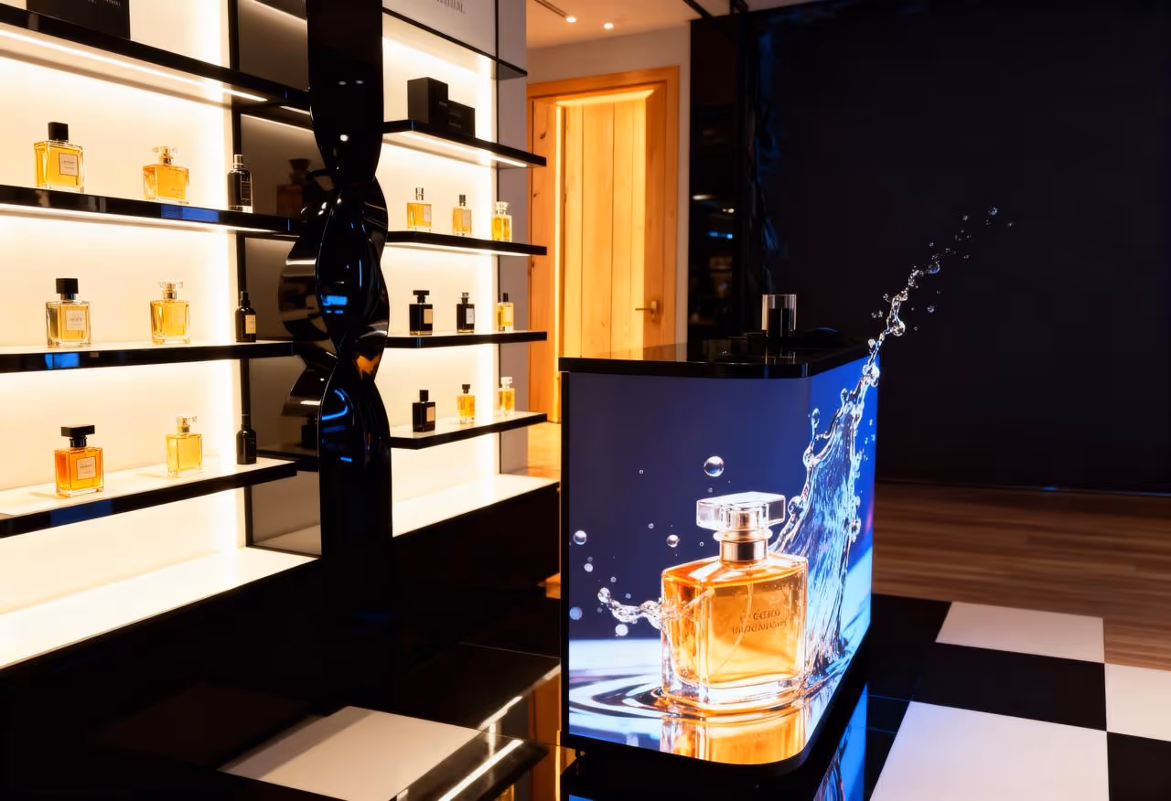 Intérieur chic d'une boutique de parfum avec des étagères éclairées affichant plusieurs flacons de parfum et un comptoir affichant une image de flacon de parfum avec éclaboussures d'eau.