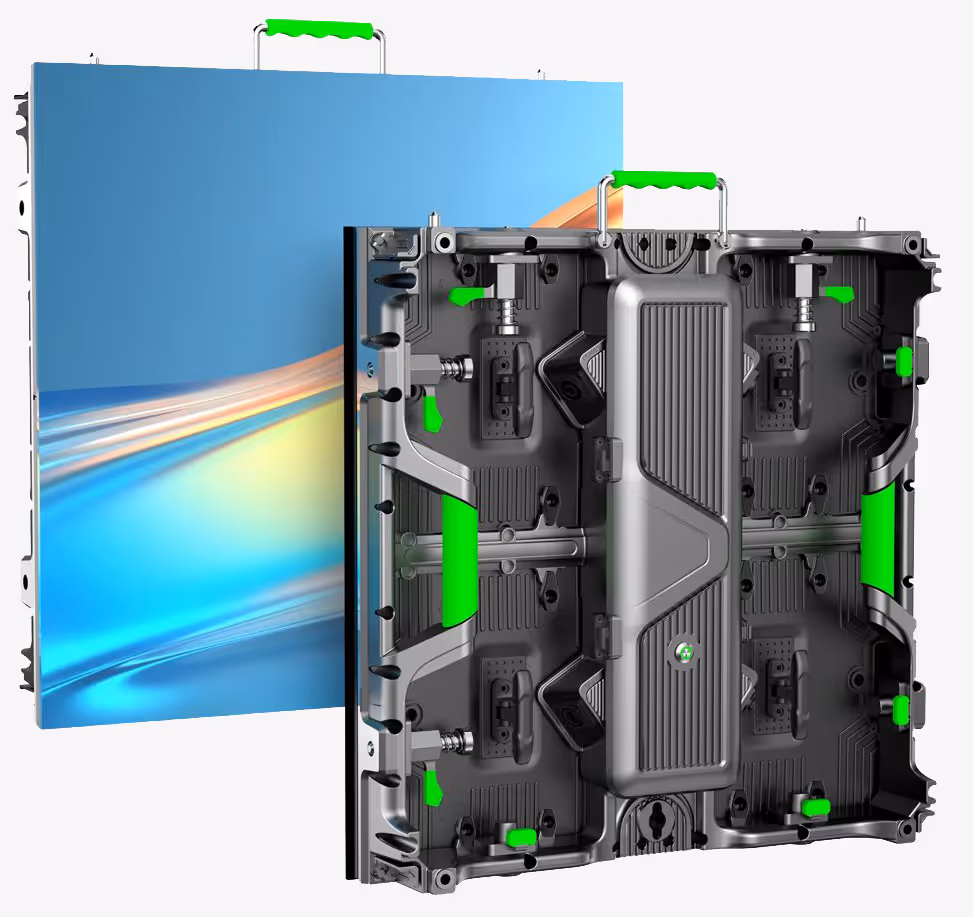 Deux panneaux LED modulaires, l’un montrant l’écran avec image colorée et l’autre l’arrière avec des poignées vertes.