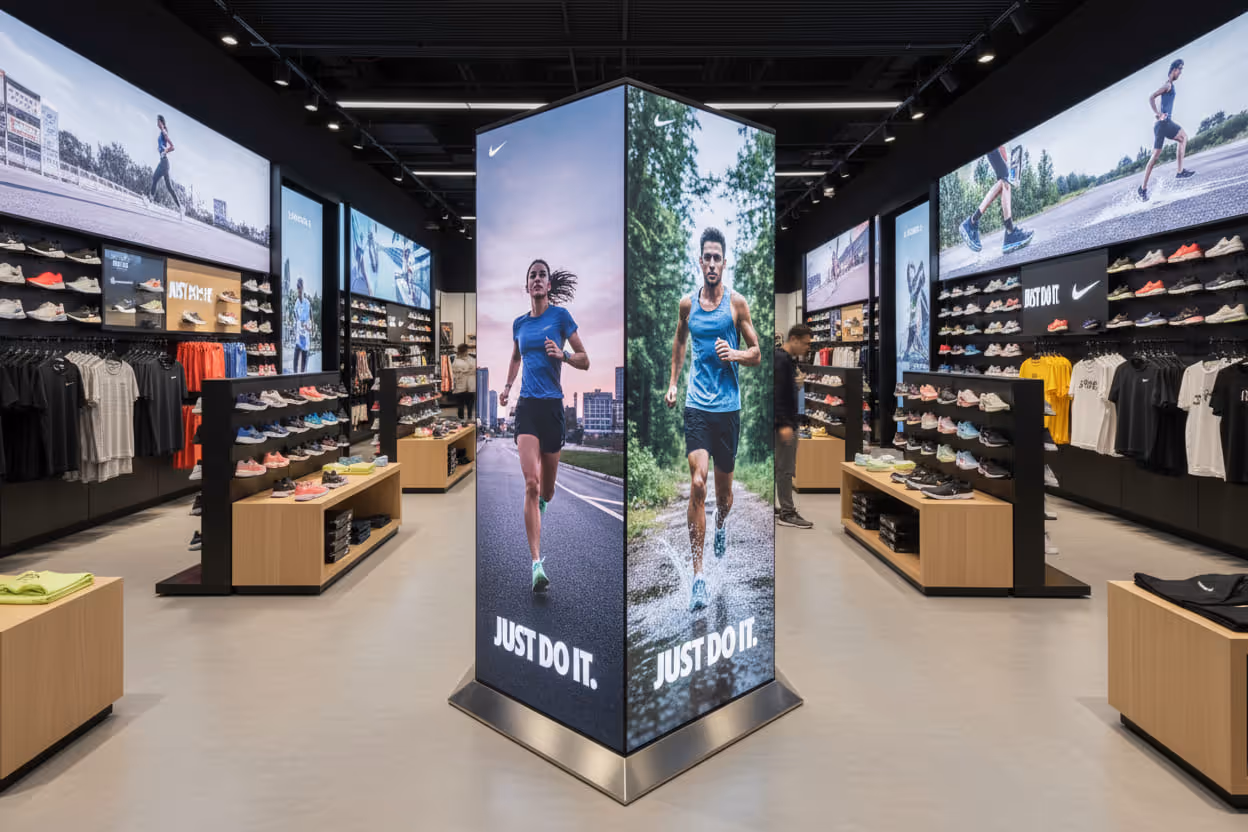 Intérieur d'un magasin Nike avec des rayonnages de chaussures et vêtements de sport, et un grand écran central affichant deux coureurs avec le slogan "Just Do It."