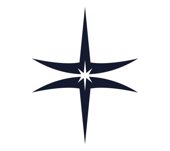 Dark blue four-point star with elongated vertical points and curved horizontal points on black background.