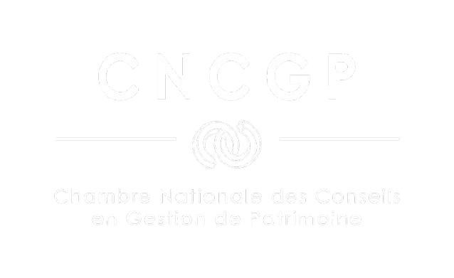 Logo with letters CNCGP and French text 'Chambre Nationale des Conseils en Gestion de Patrimoine' under two horizontal lines and a circular intertwined design in the center.