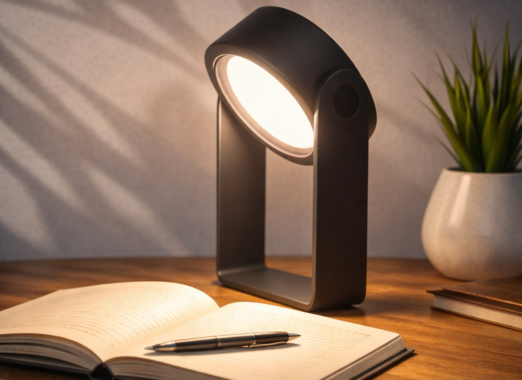 Modern black desk lamp illuminating an open notebook with a pen on a wooden surface, with a potted plant and closed books in the background.