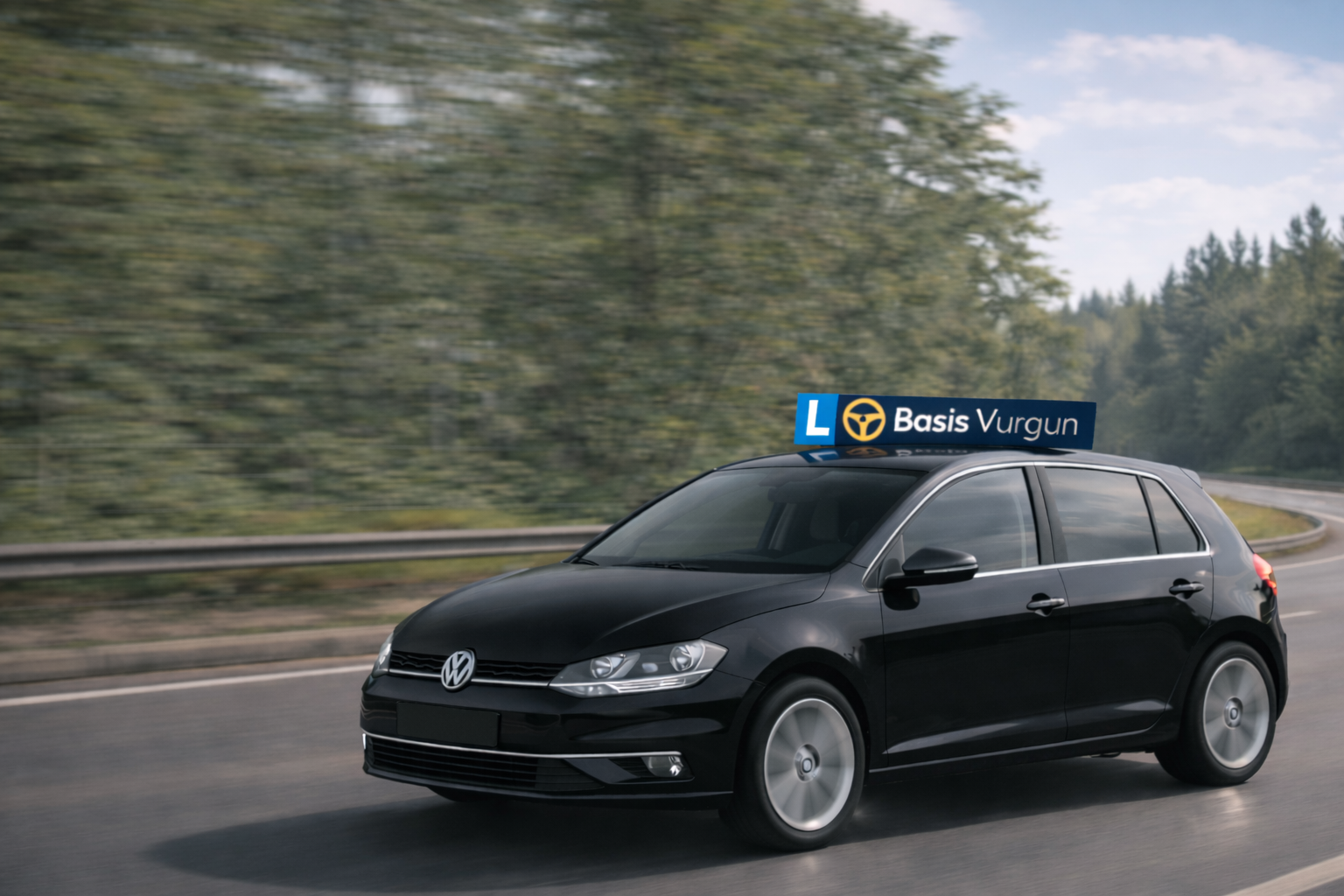 Blauwe lesauto met een dakbord met het opschrift 'Basis Vurgun' rijdt op een weg met groene achtergrond.