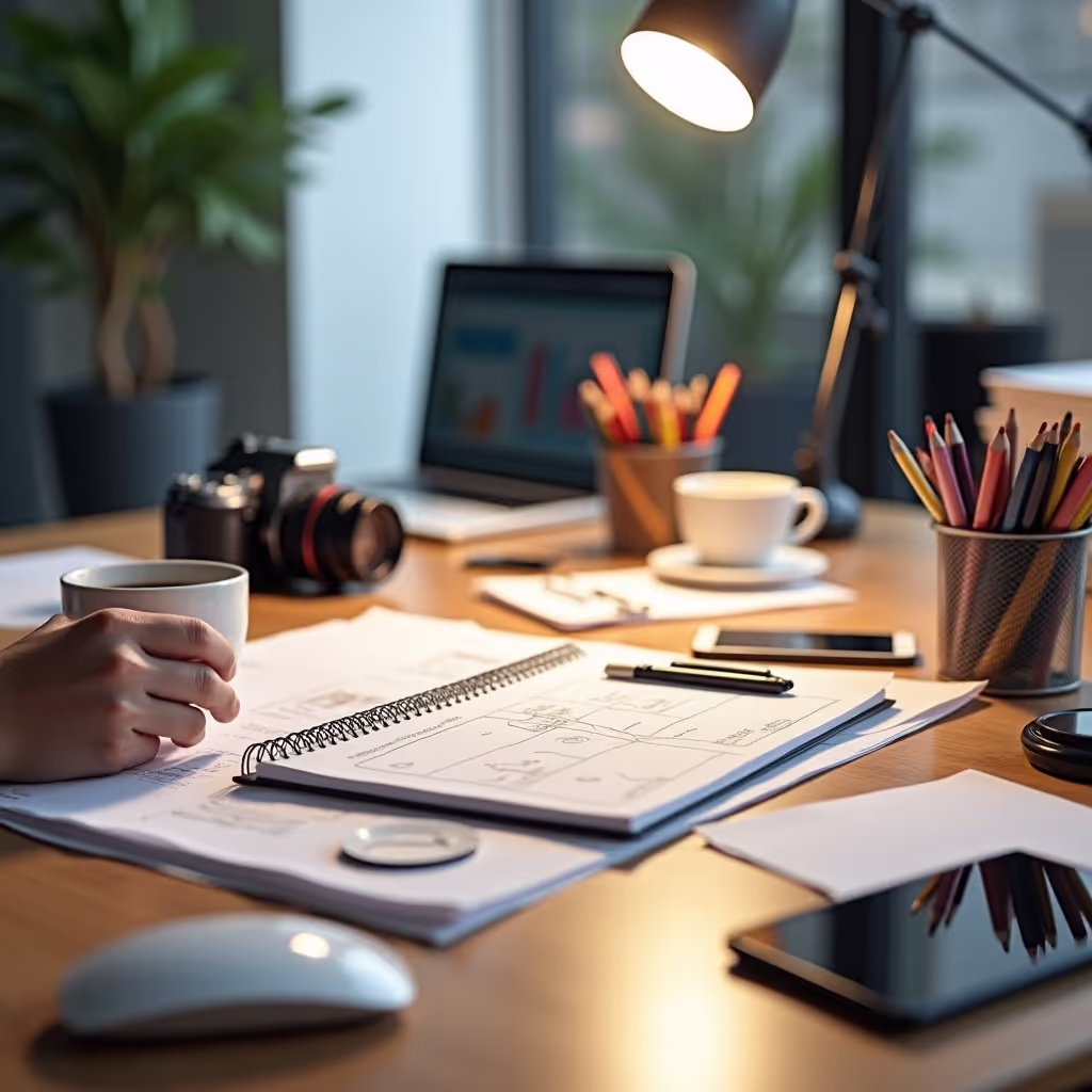 Desk with notebooks, a person holding a coffee cup, colored pencils, camera, laptop, and smartphone under a desk lamp.