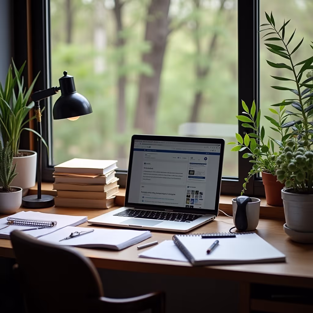 Workspace with a laptop on a wooden desk surrounded by notebooks, a pen, plants, a desk lamp, and a window showing green trees outside.