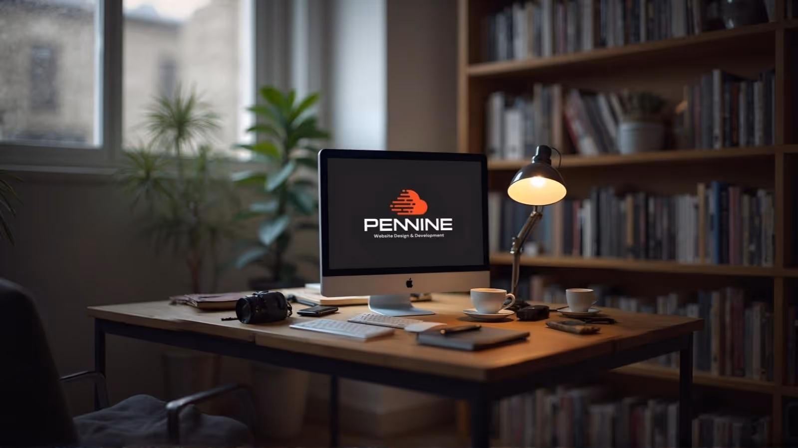 A computer on a desk showing the Pennine Websites Logo