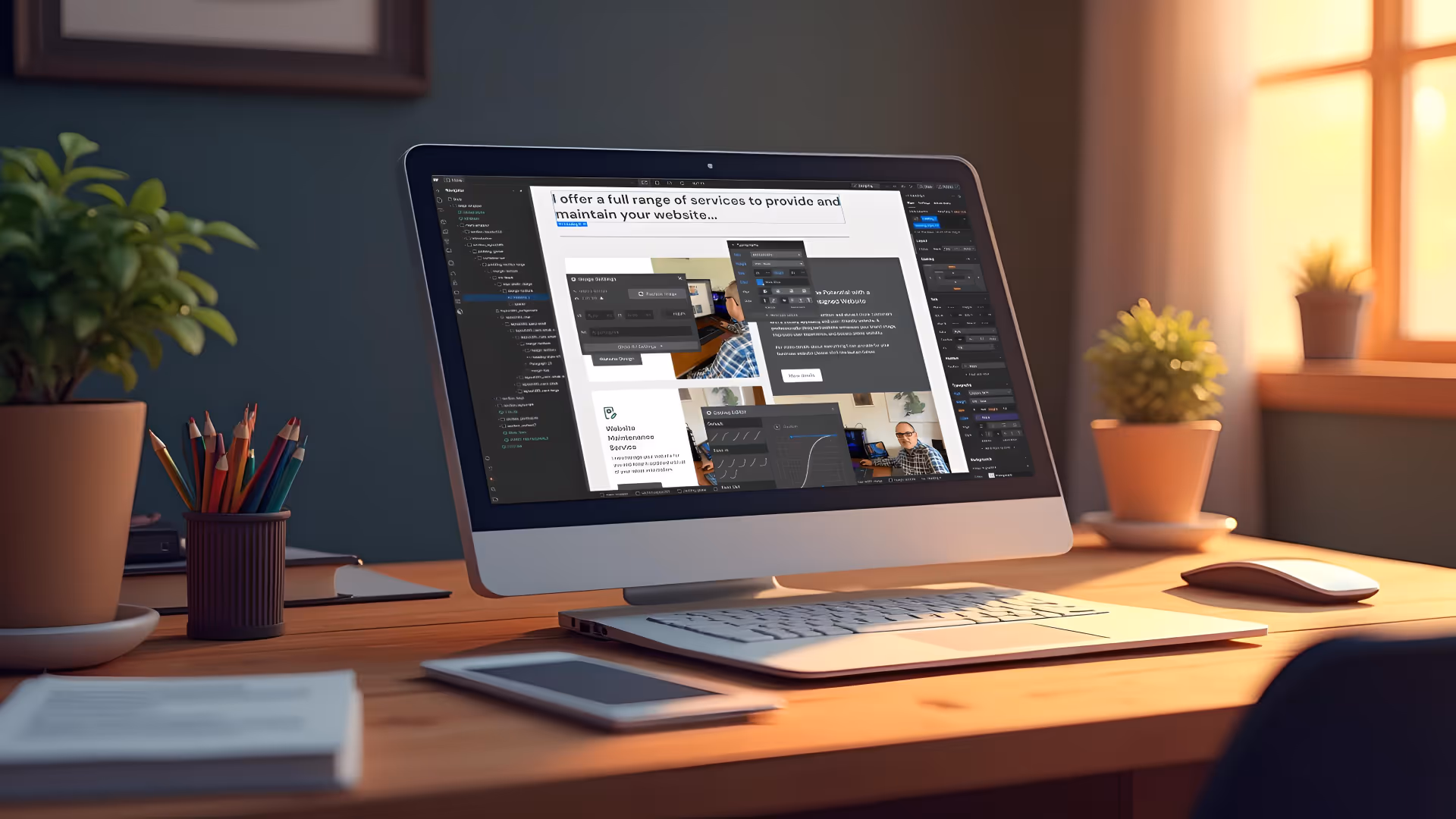 Desktop computer on wooden desk displaying a website design and editing software interface, with potted plants, colored pencils, smartphone, and mouse nearby.