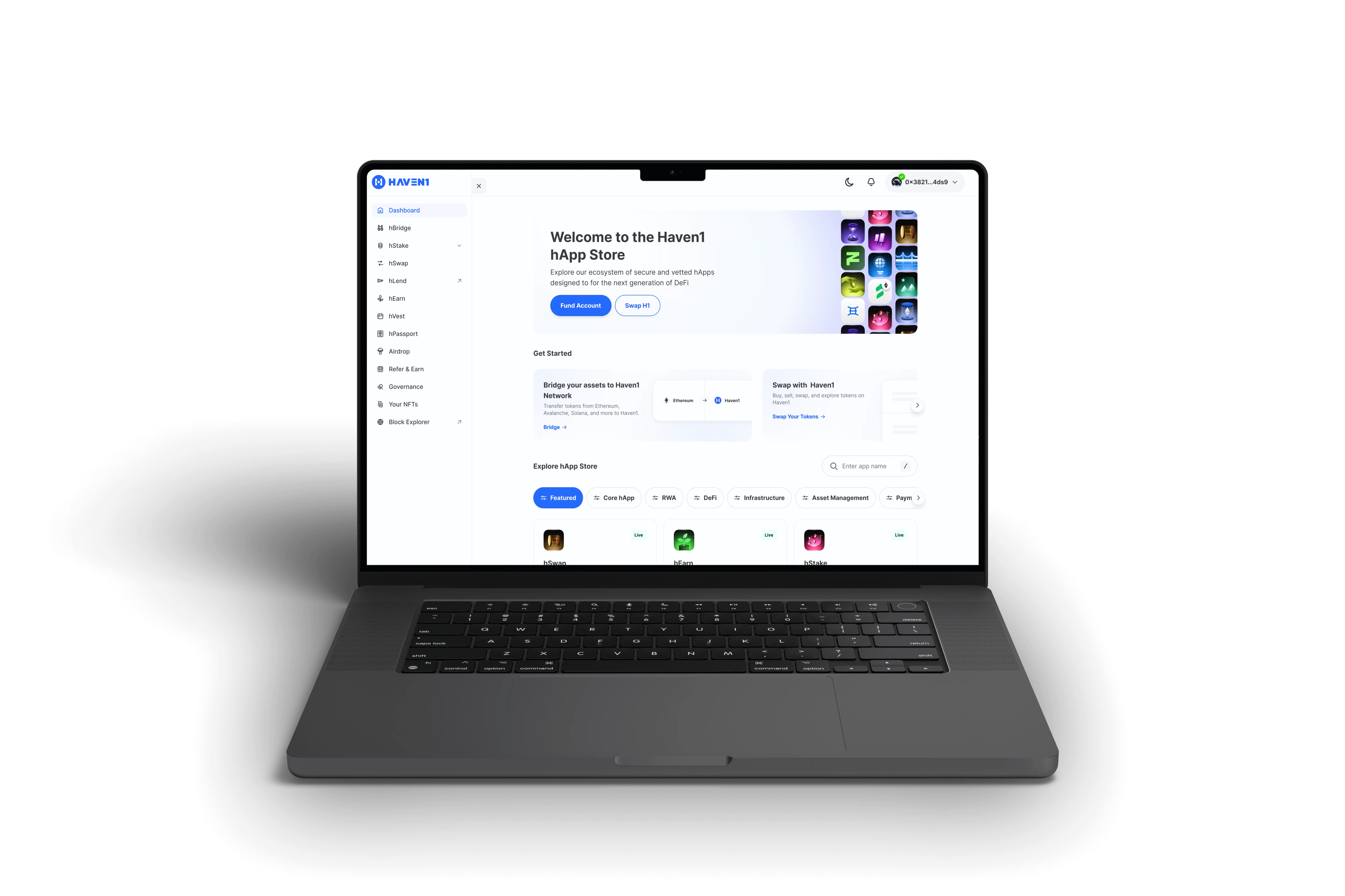 MacBook laptop displaying the Haven1 hApp Store dashboard with navigation menu and app options.