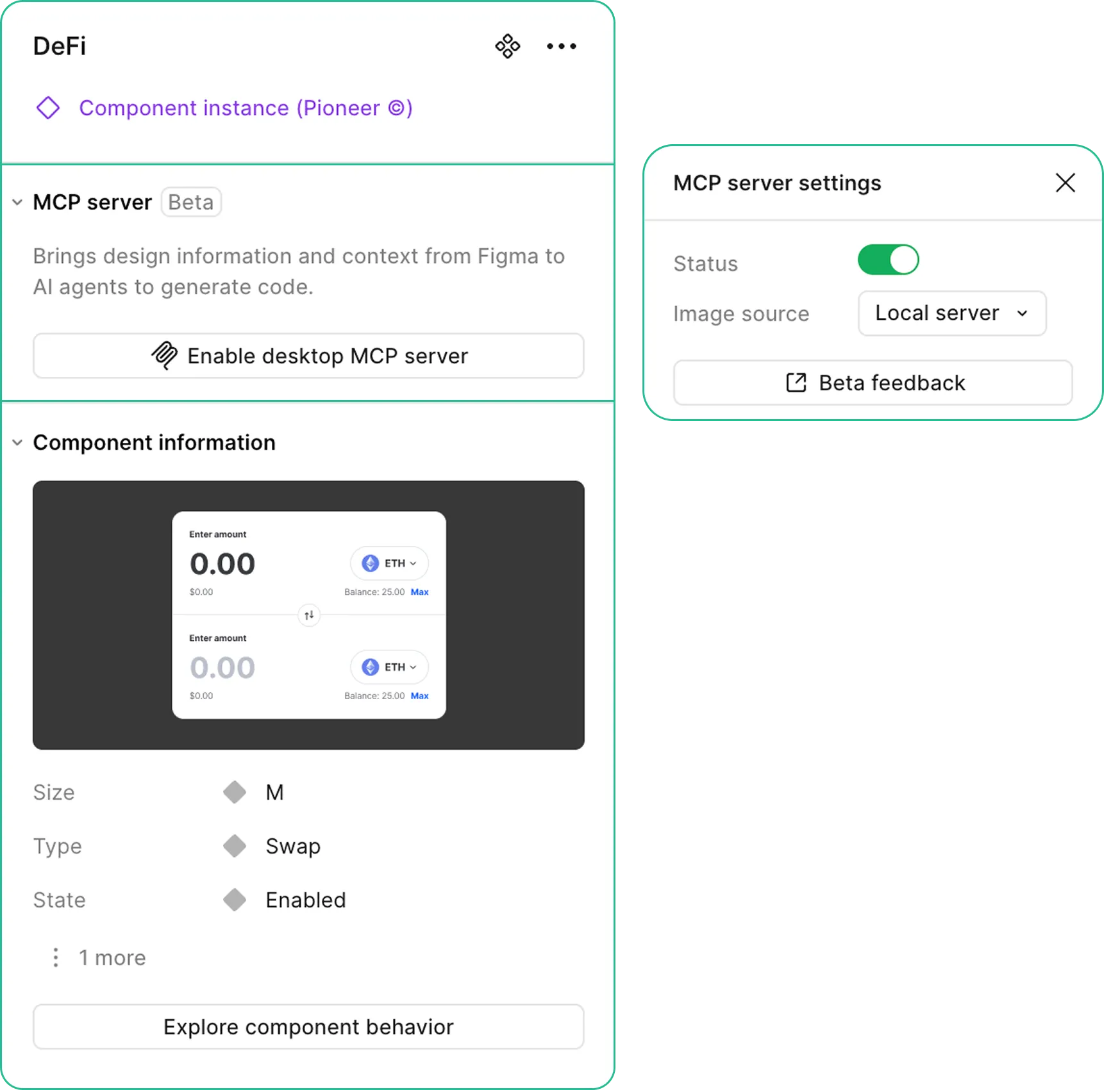 DeFi interface displaying MCP server section with an option to enable desktop MCP server, and component information showing a swap component with size M and enabled state, plus MCP server settings panel with status toggle on and image source set to Local server.