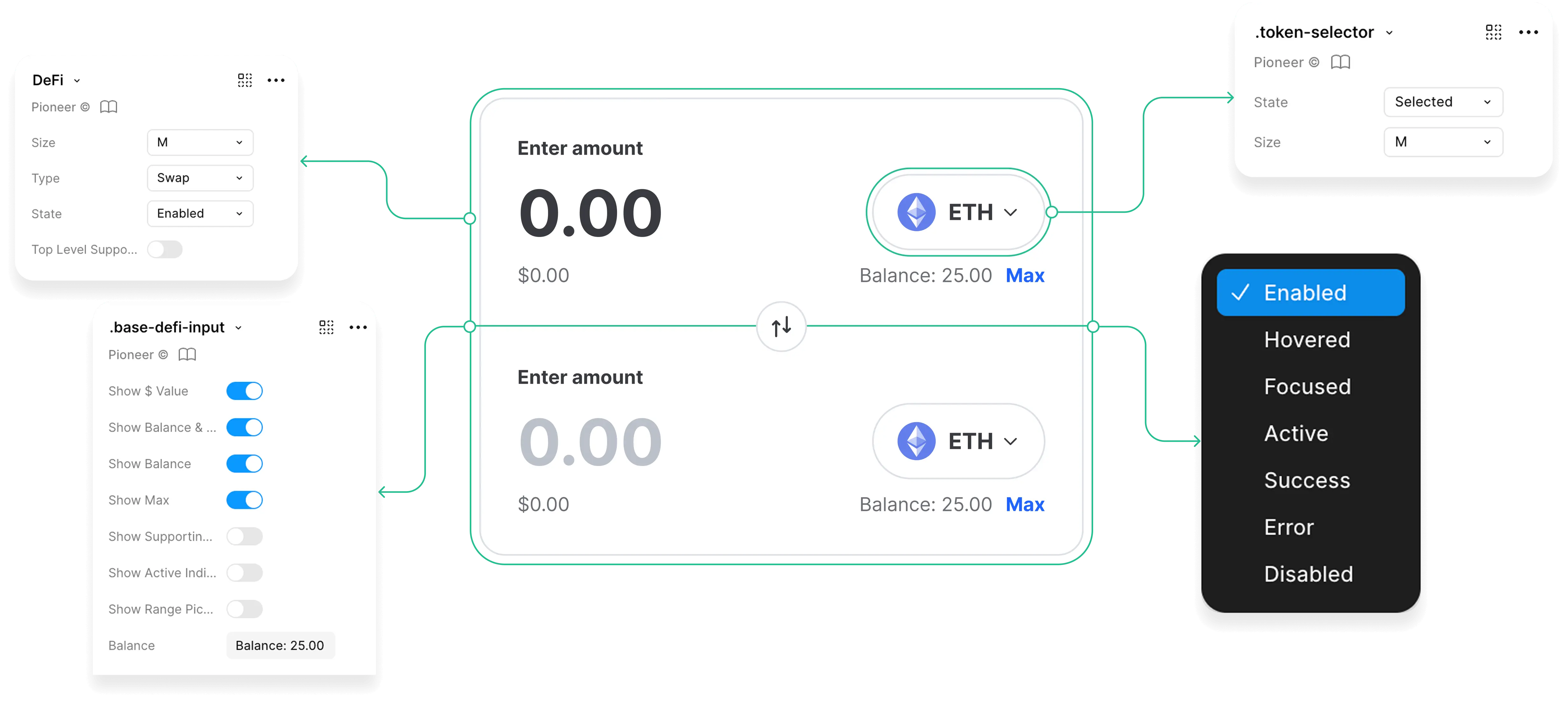 User interface design showing a DeFi swap input card, token selector, base input toggles, and dropdown states with Enabled selected.
