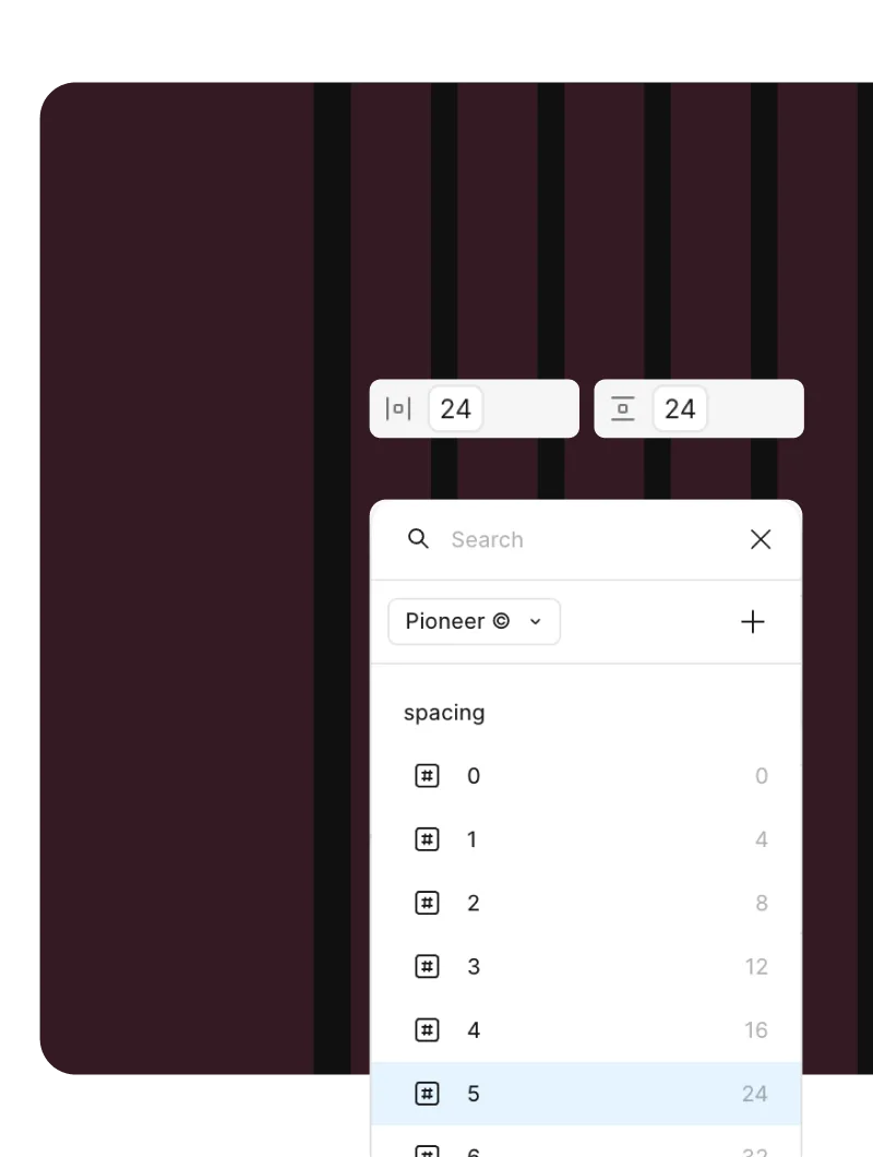 UI panel showing grid spacing values with 24 units selected and spacing scale listing multiples of 4 up to 24.
