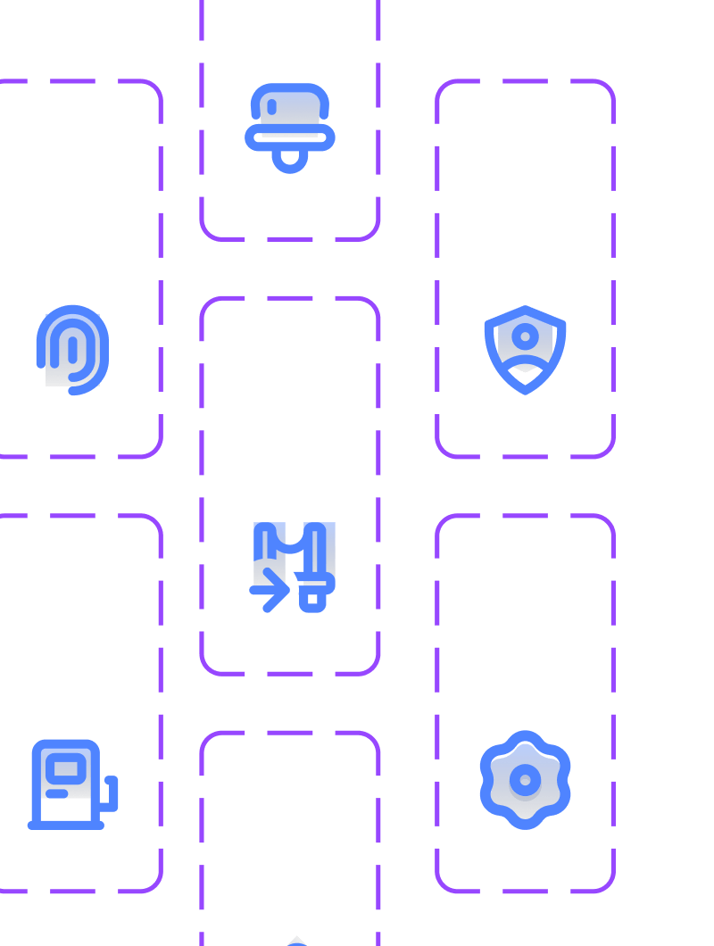 Grid of nine icons each shown in white and blue colors including fingerprint, stamp, shield security, gas pump, and gear icons within dotted purple rounded squares.