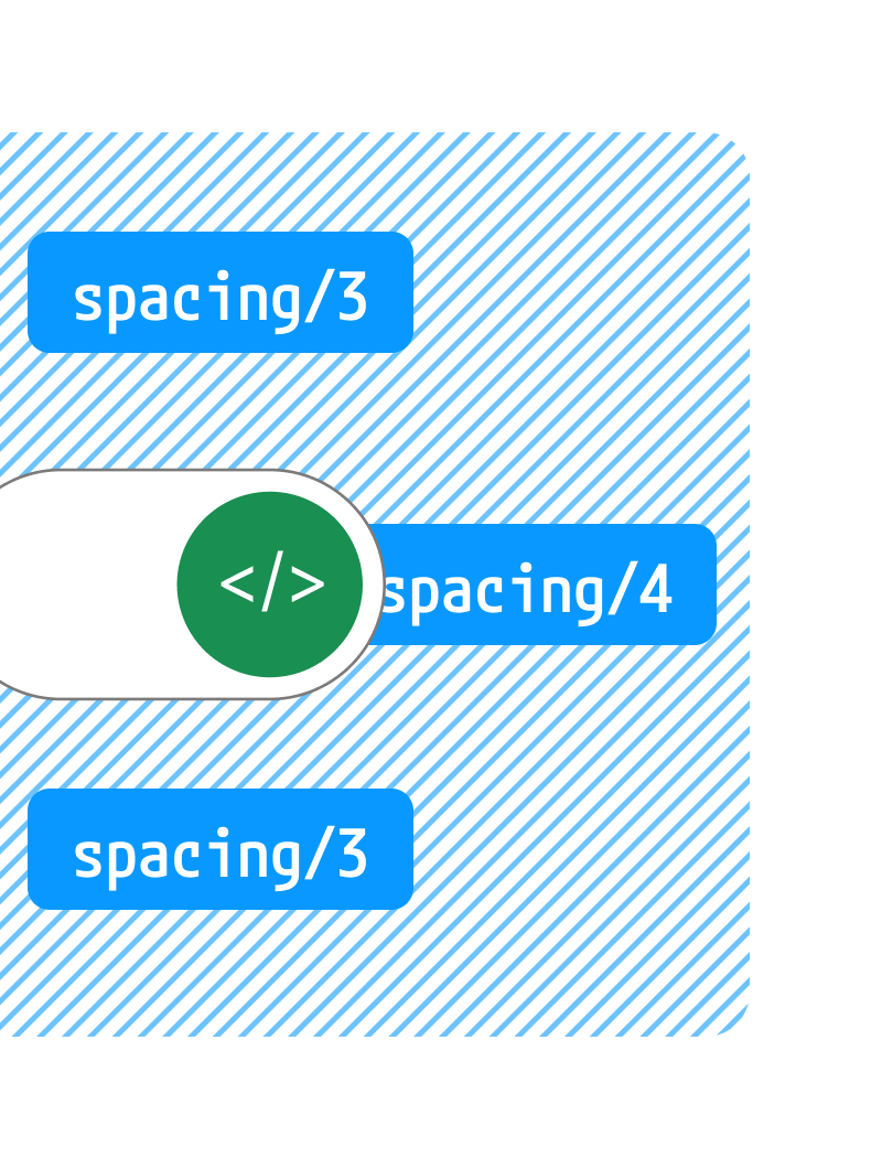 Toggle switch graphic on a blue diagonal striped background with code-related tags reading spacing/3 and spacing/4.