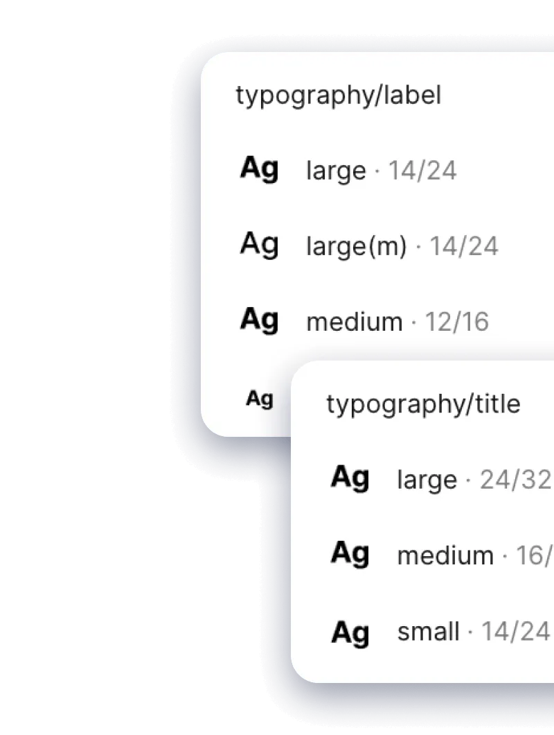 Two white cards showing typography styles labeled typography/label and typography/title with font sizes and line heights like large 14/24 and medium 16/24.