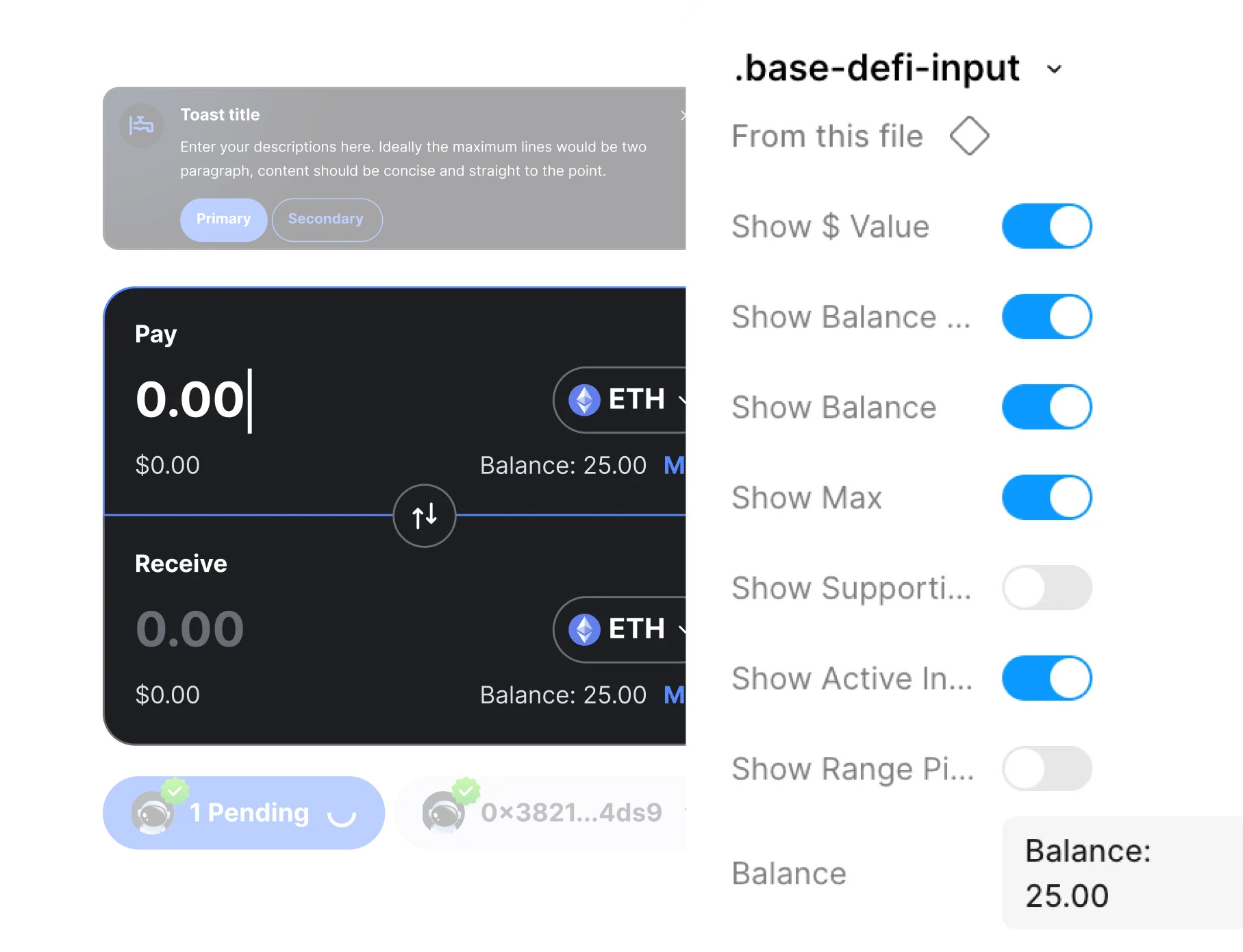 A dark-themed cryptocurrency payment interface showing Pay and Receive sections with 0.00 ETH and balances of 25.00 ETH; toggles on the right control visibility of options such as Show $ Value, Show Balance, Show Max, and Show Active In with some toggles on and some off.