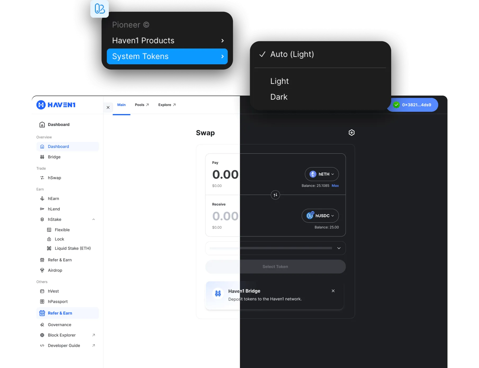 Haven1 cryptocurrency exchange interface displaying light mode on left and dark mode on right with theme options menu showing Auto, Light, and Dark selections.
