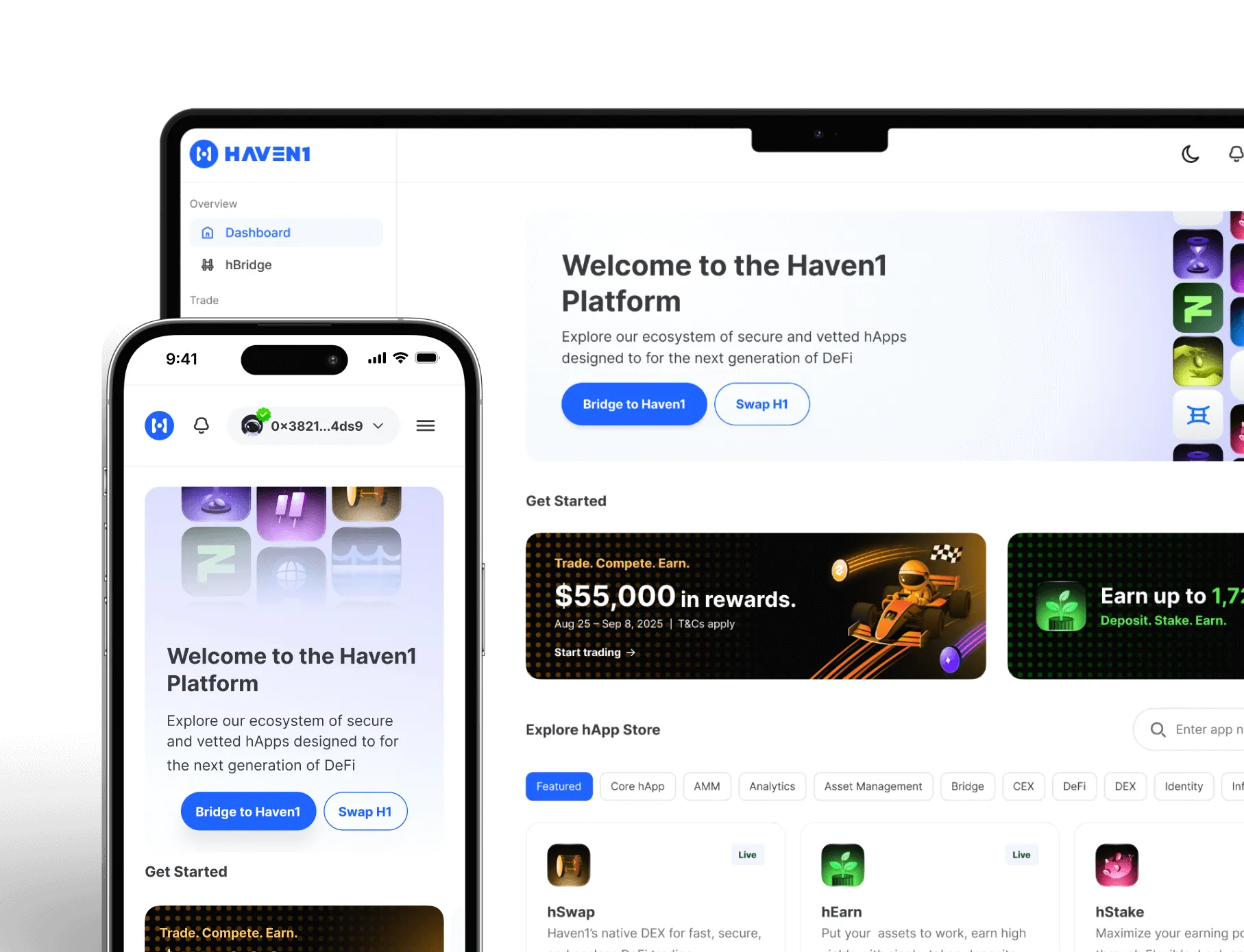 Haven1 platform dashboard displayed on a tablet and phone, highlighting secure DeFi apps, rewards, and navigation options.