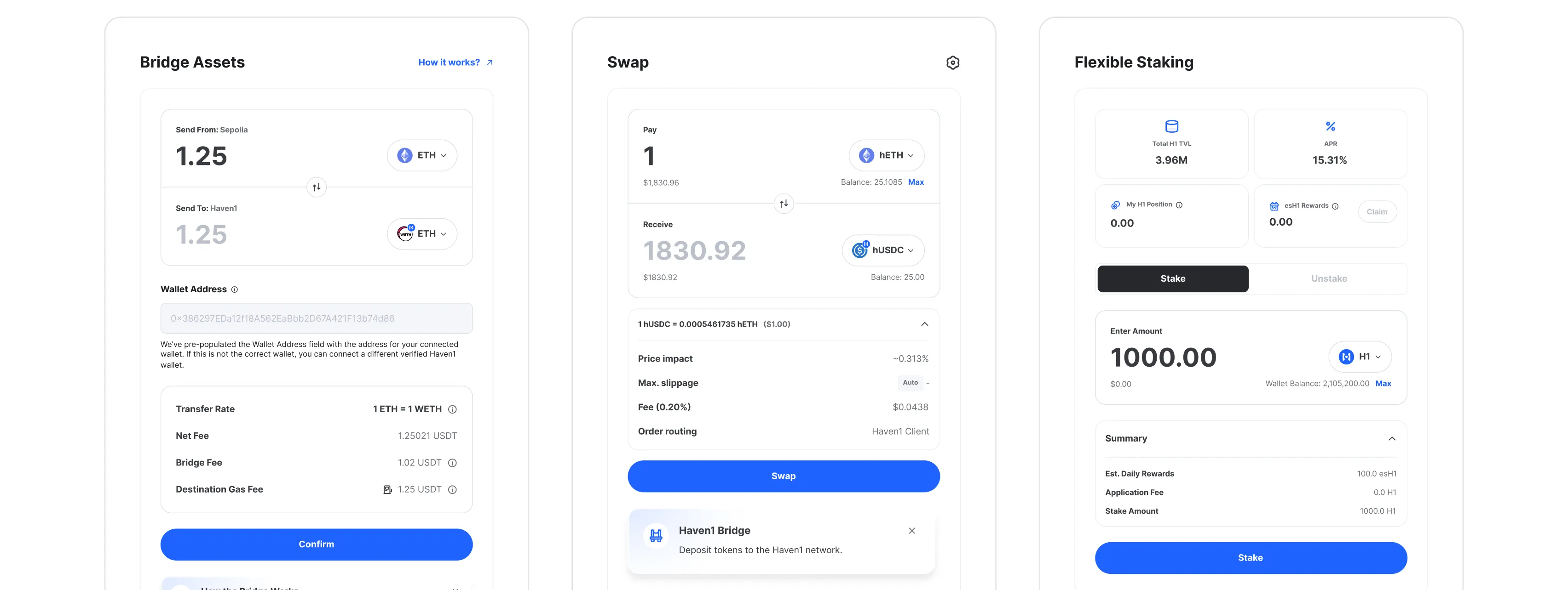 Mobile app interface with three sections: Bridge Assets showing ETH to WETH transfer and fees; Swap section for exchanging hETH to hUSDC with price impact and fee details; Flexible Staking section displaying total TVL, APR, position, rewards, stake amount, and summary with daily rewards and fees.