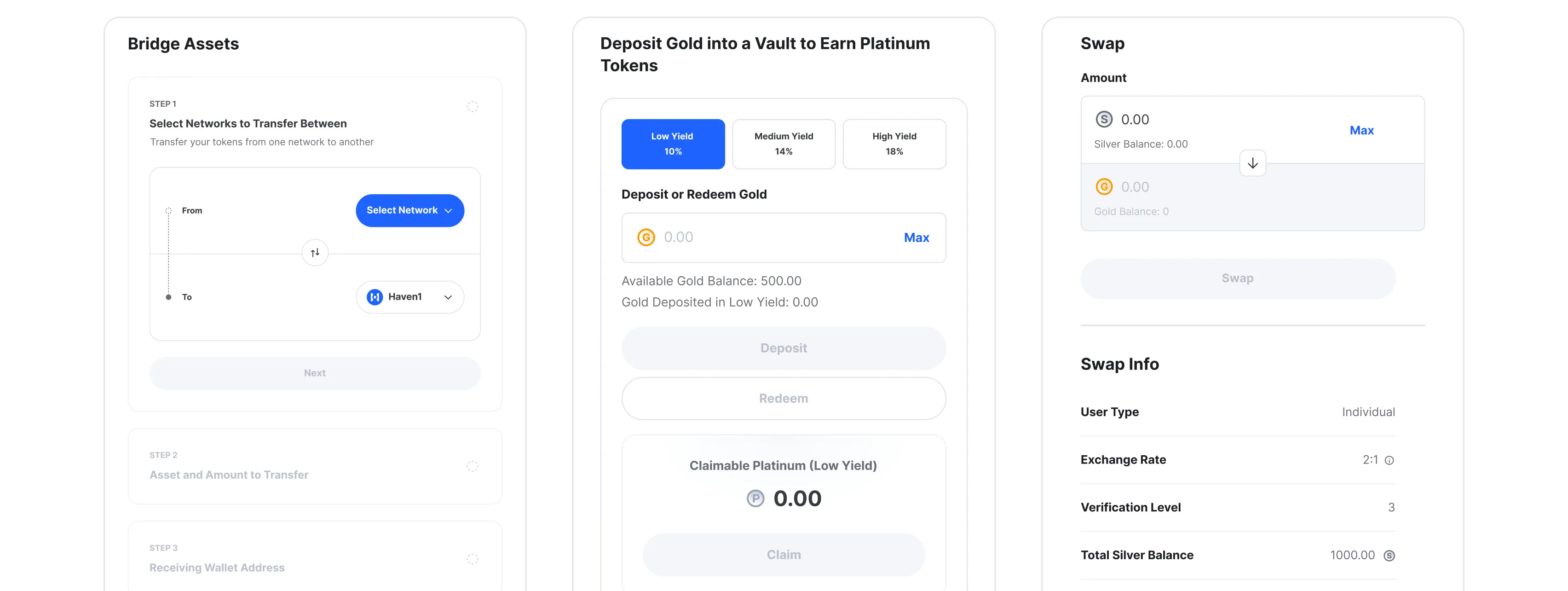 User interface with three sections: Bridge Assets for selecting networks to transfer tokens between, Deposit Gold with options for low, medium, and high yield to earn platinum tokens, and Swap section displaying silver and gold balances with swap info below.