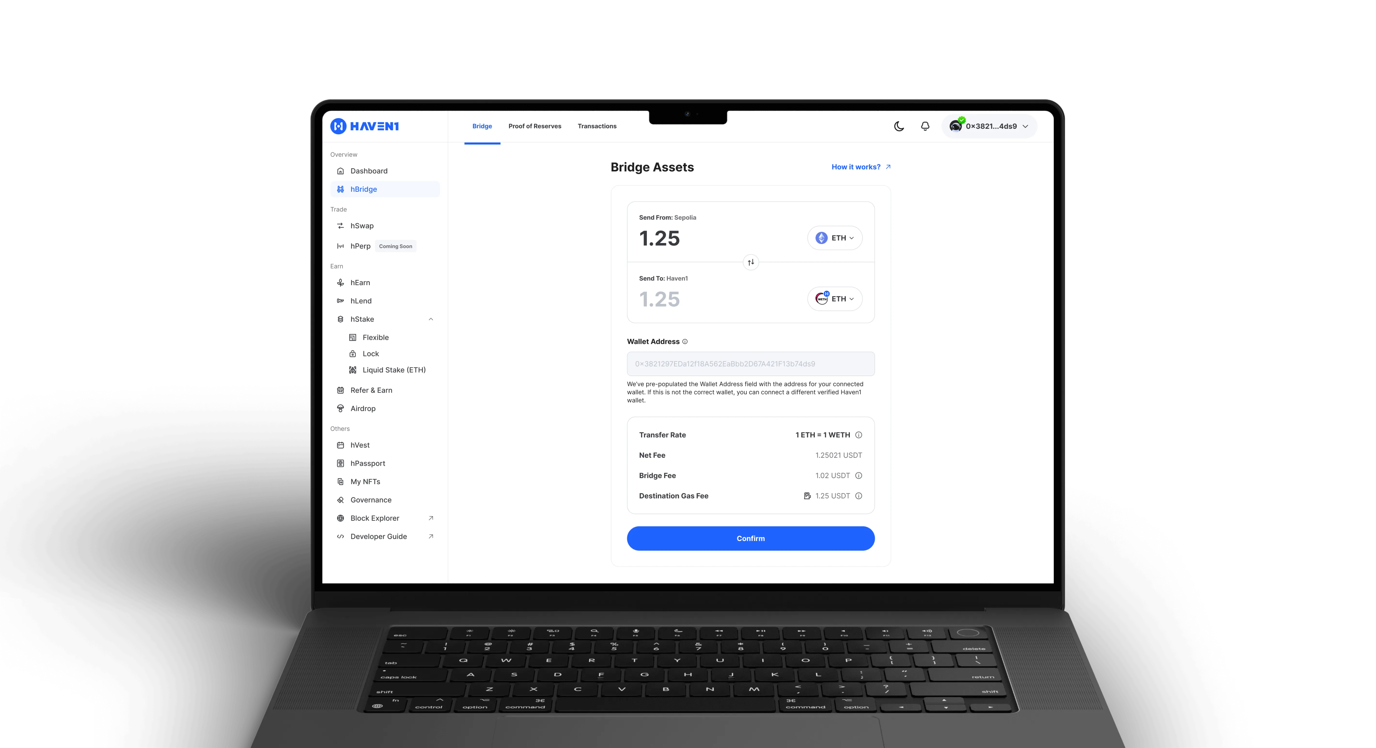 Laptop screen showing the Haven1 Bridge Assets interface for sending 1.25 ETH from Sepolia to Haven1 with fee details and wallet address input.