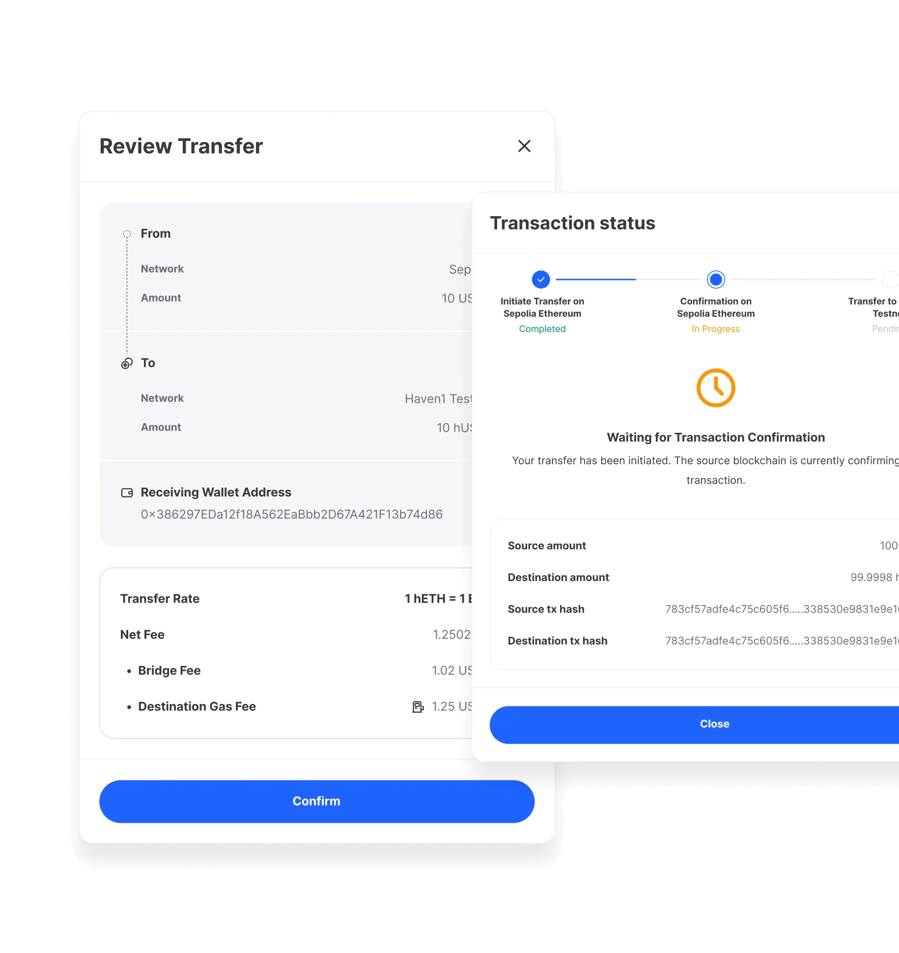 Two overlapping cryptocurrency transfer interface screens showing transfer review details and transaction status with progress steps and fees.