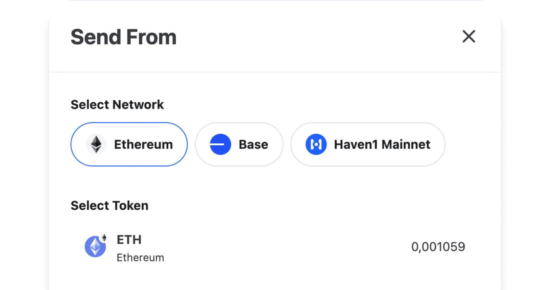 User interface panel titled 'Send From' with options to select network including Ethereum, Base, and Haven1 Mainnet; Ethereum network selected and ETH token displayed with balance 0.001059.