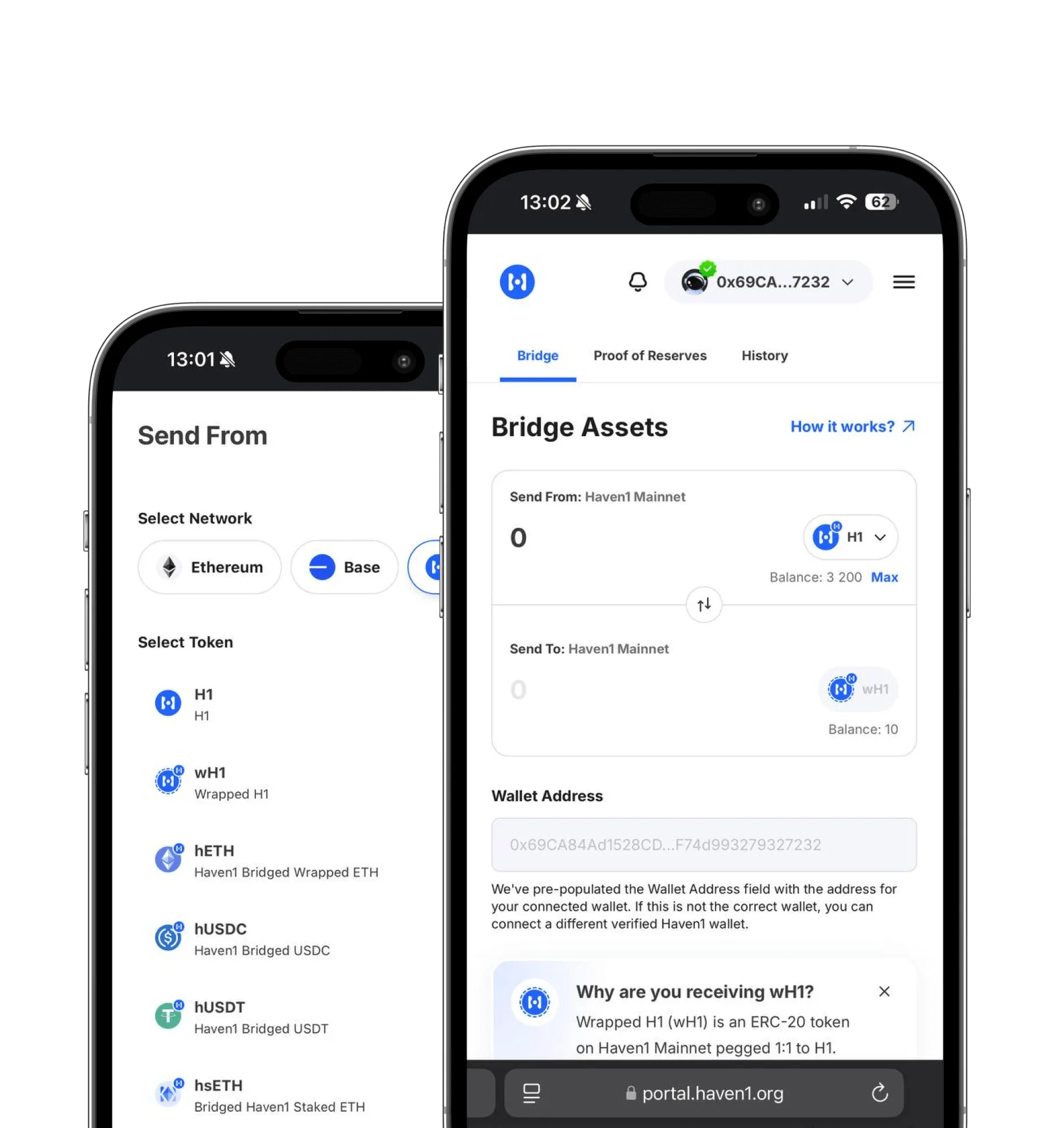 Mobile interface showing a cryptocurrency bridge app with network and token selection on the left phone, and bridge asset transfer details on the right phone.