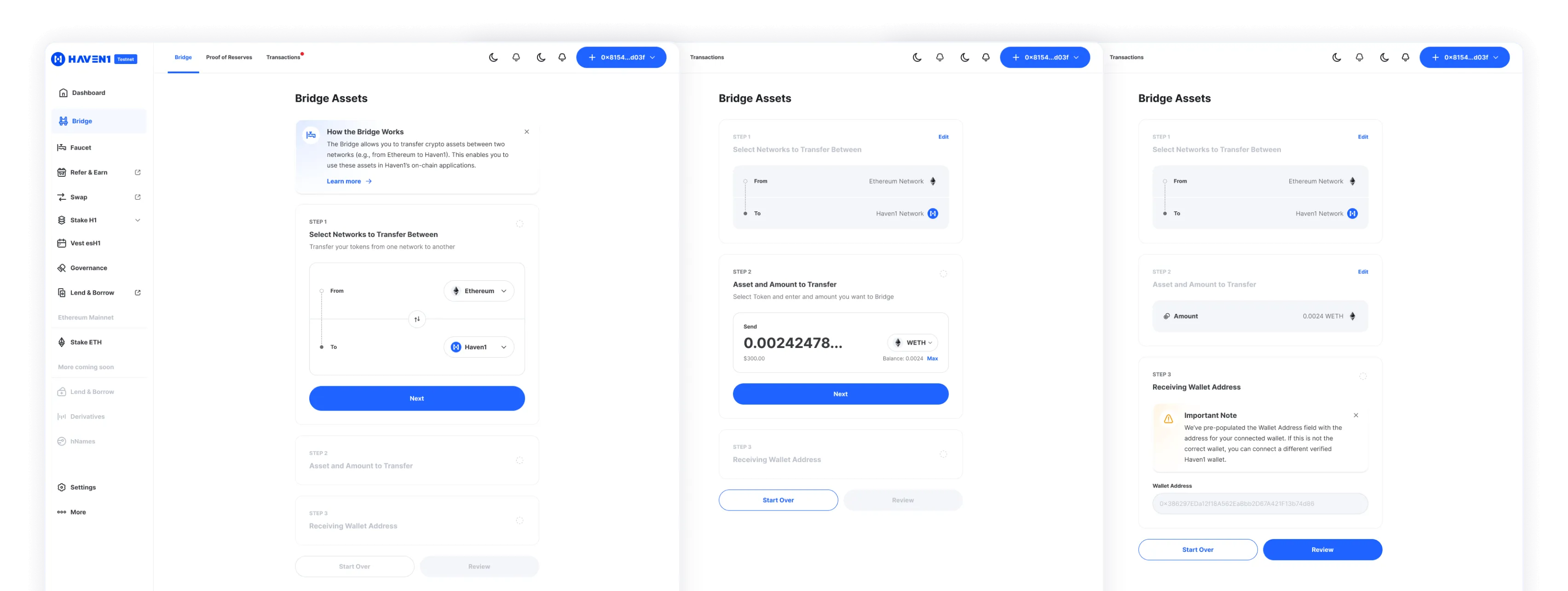 Haven1 crypto bridge interface showing three steps: selecting networks to transfer between Ethereum and Haven1, entering amount of WETH to transfer, and confirming receiving wallet address with an important note.