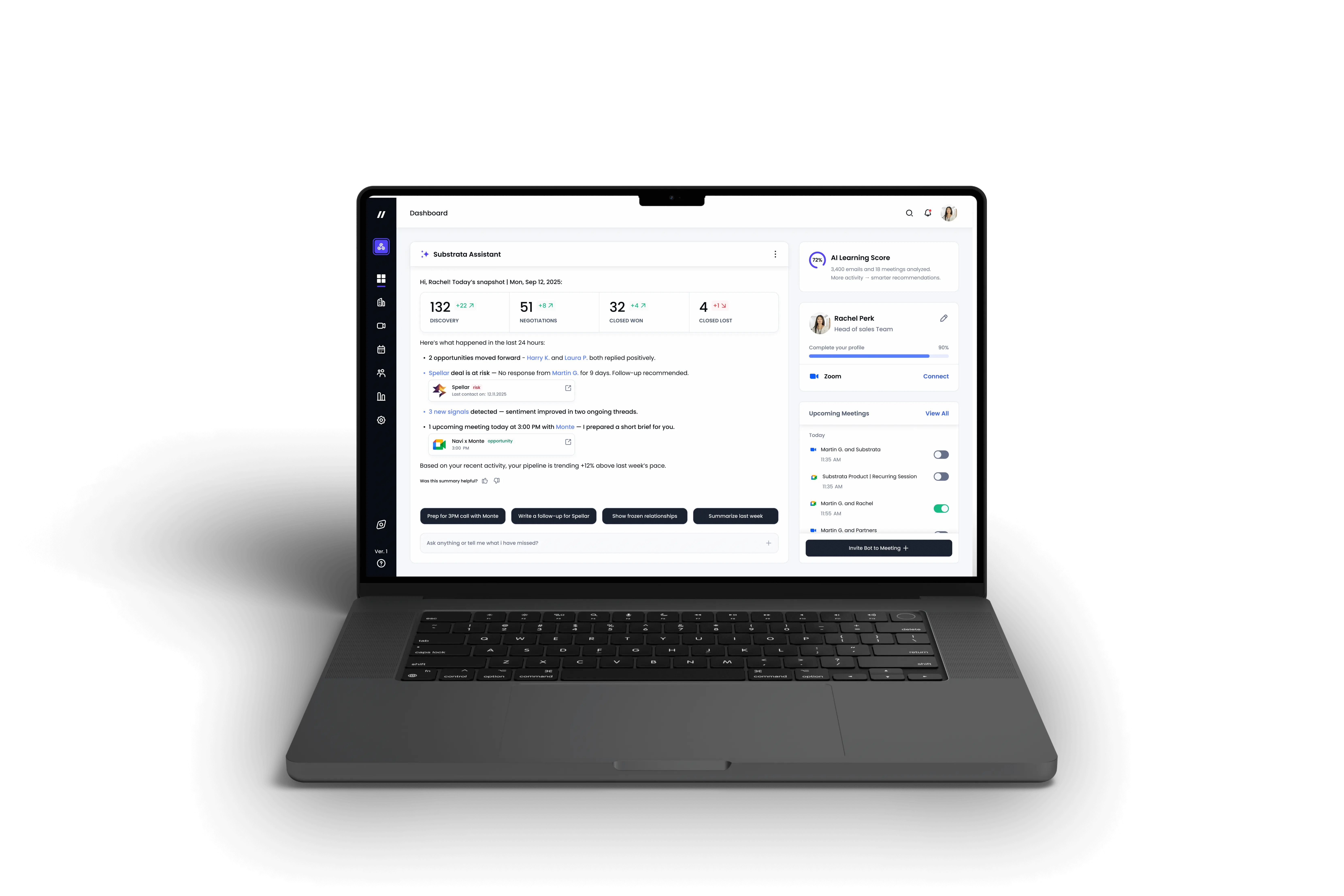 Open laptop displaying a sales dashboard with Substrata Assistant metrics, AI learning score, user profile, and upcoming meetings.