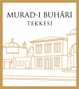 Line drawing of traditional buildings with the text 'Murad-ı Buhârî Tekkesi' above in black on a white background bordered by gold.