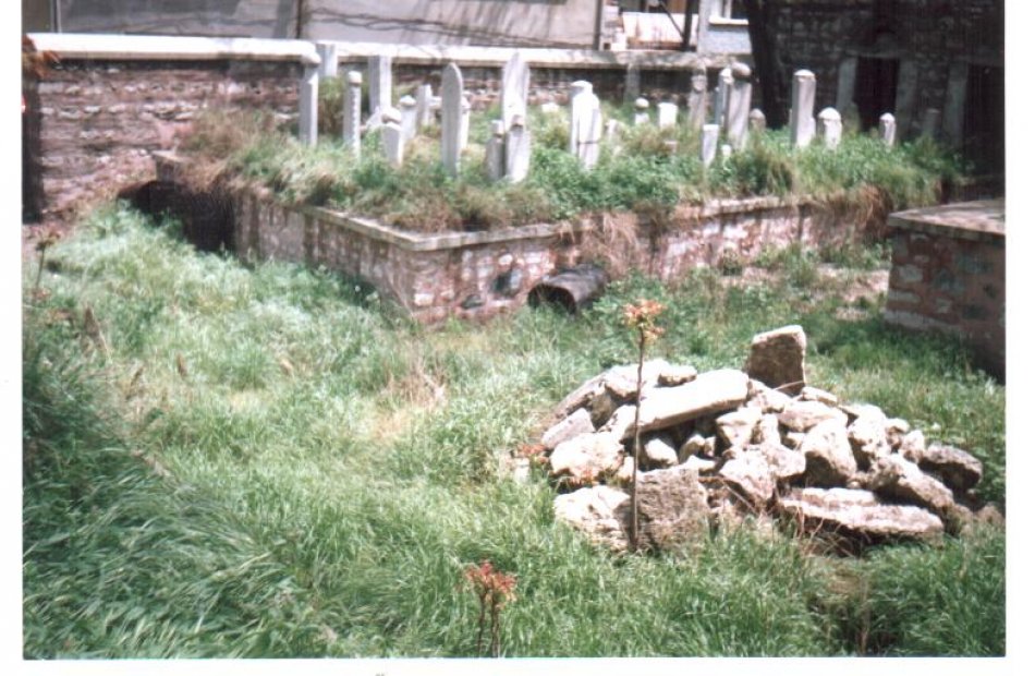 Overgrown grass surrounding a small historical graveyard with old upright gravestones and a pile of rocks in the foreground.