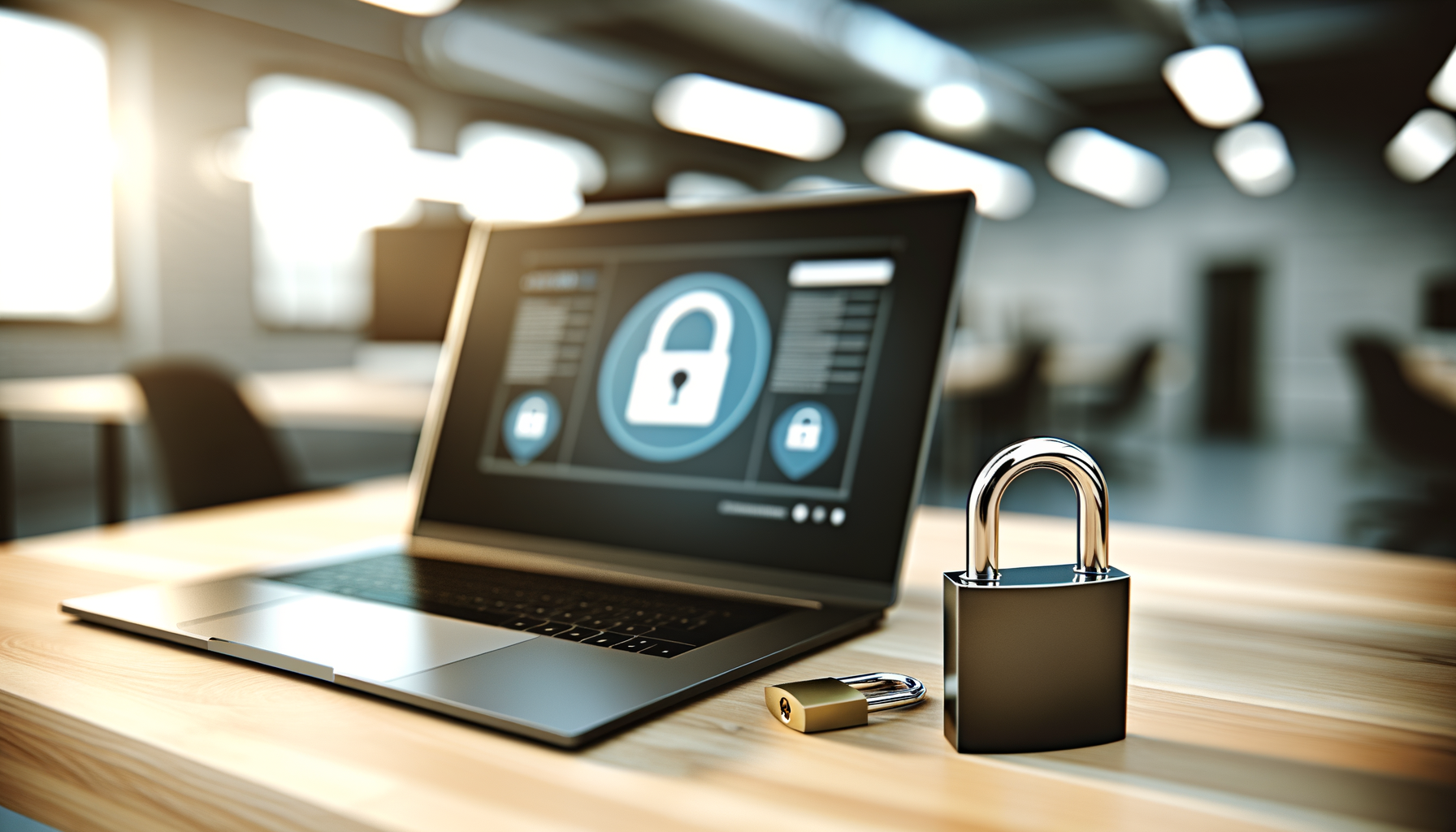 Featured image: secure technology padlock laptop workspace