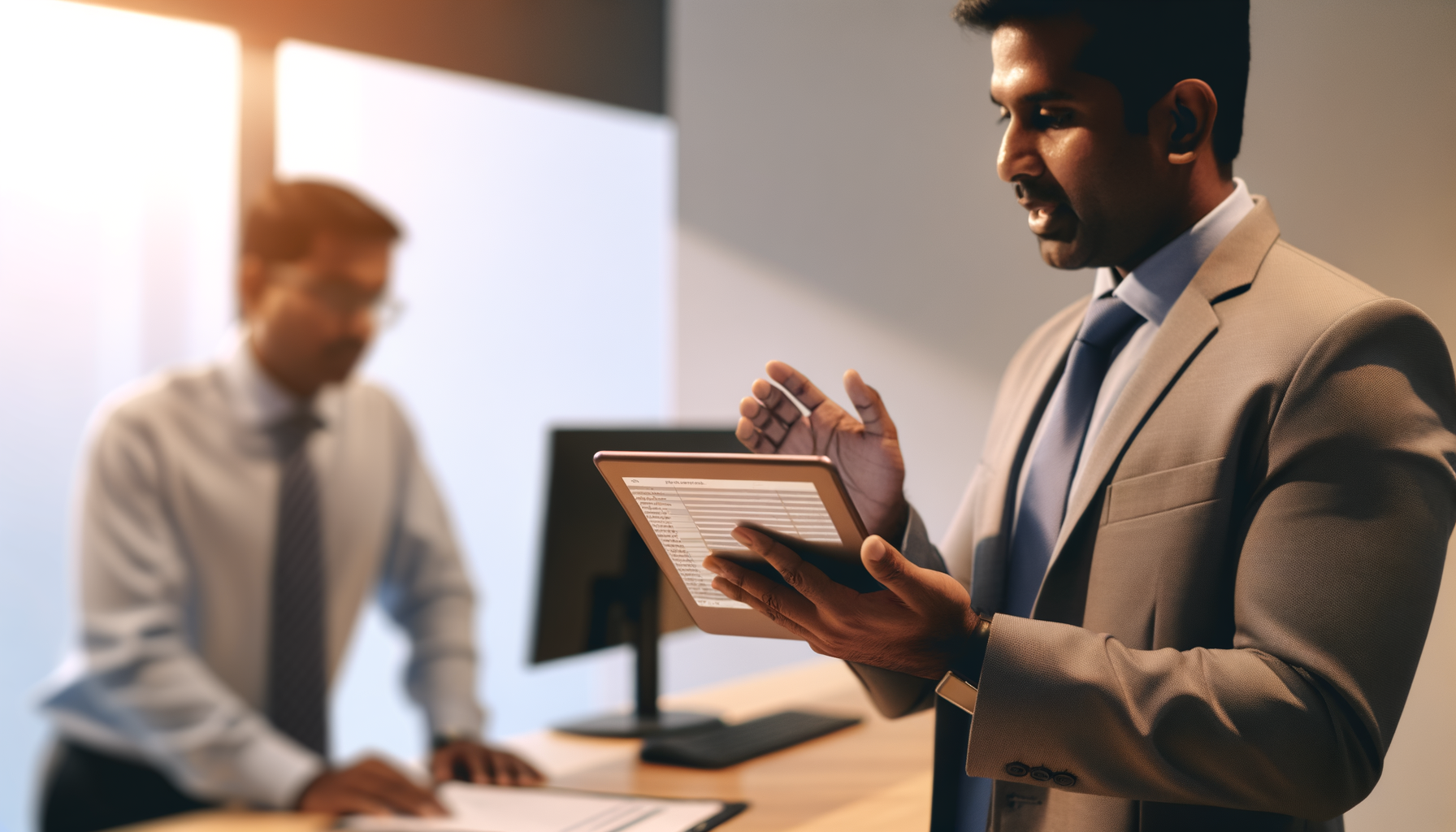 Featured image: sales professional reviewing prospect list on tablet at standing desk
