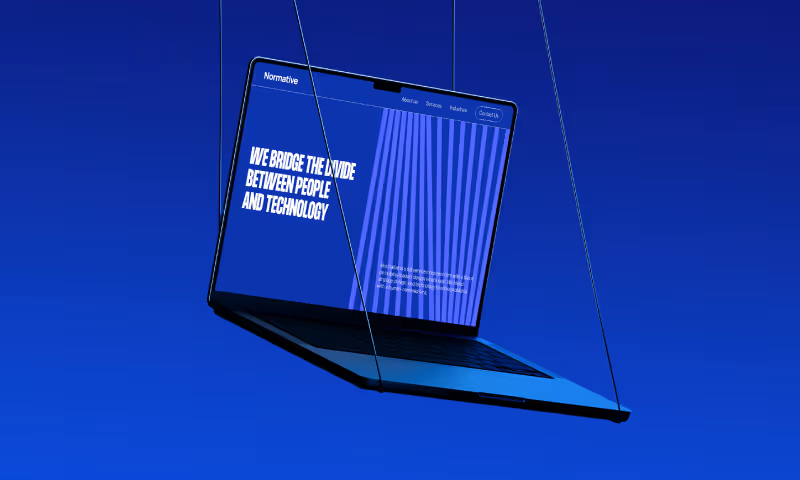 Laptop suspended on wires against a blue gradient background displaying a website with the text 'We bridge the divide between people and technology.'