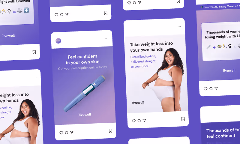 Multiple social media-style cards on a purple background promoting Livewell, featuring a smiling woman in white showing weight loss and a blue prescription pen with messages about confidence and online prescriptions.