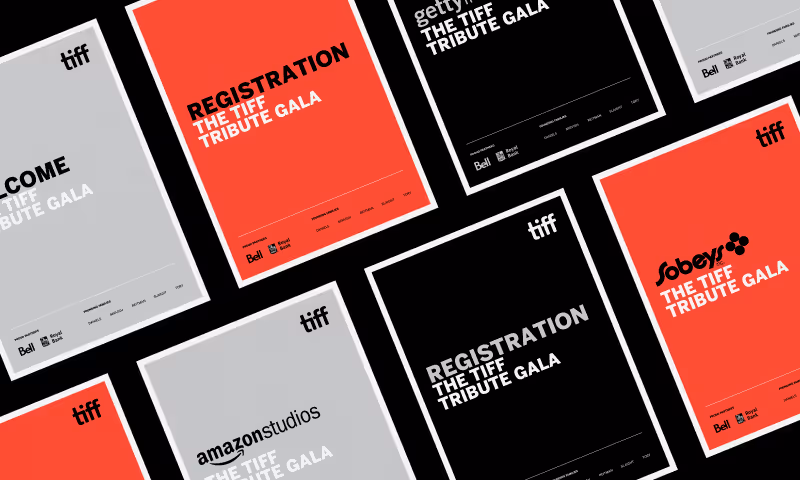 Collection of TIFF Tribute Gala cards in red, black, and gray with registrations and sponsor logos including Amazon Studios and Sobeys.