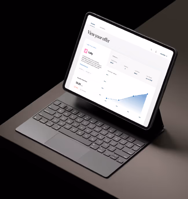 Tablet with keyboard displaying a financial dashboard titled 'View your offer' showing product details and a performance graph.