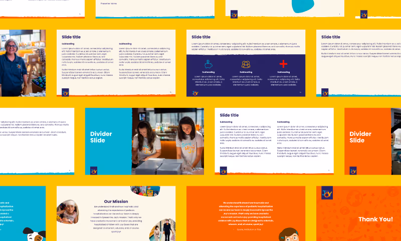 Collage of colorful presentation slides featuring text blocks, photos of people working and smiling, and sections titled 'Slide title,' 'Divider Slide,' 'Our Mission,' and 'Thank You!'.