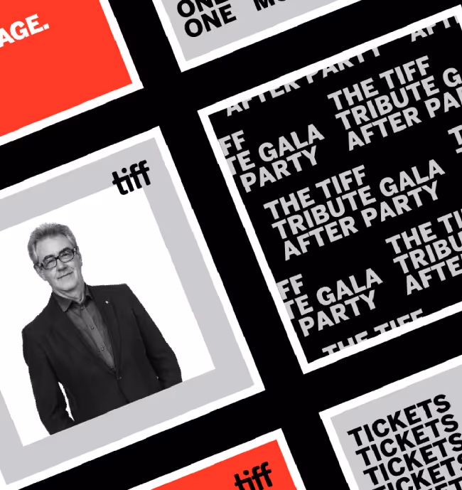 Social posts including black and white promotional tickets with text 'THE TIFF TRIBUTE GALA AFTER PARTY' surrounding a grayscale photo of a man in glasses and a suit against a white background.