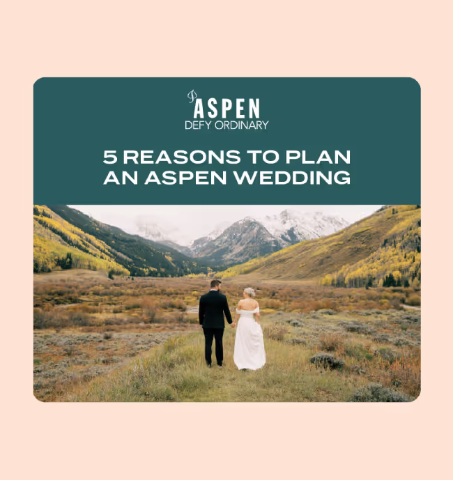 Display ad including a bride and groom walking hand in hand through a grassy valley with autumn foliage and snow-capped mountains in Aspen.