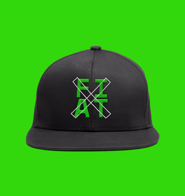 Black snapback hat with stylized green letters FIAT crossed by a white outlined X on the front.