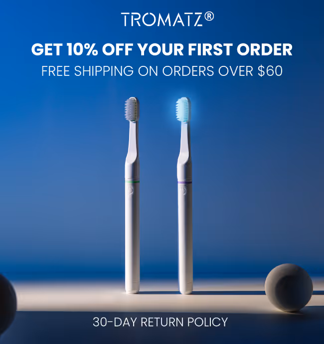 Social ad creative including two white electric toothbrushes standing upright on a surface with a blue background and promotional text above and below them.