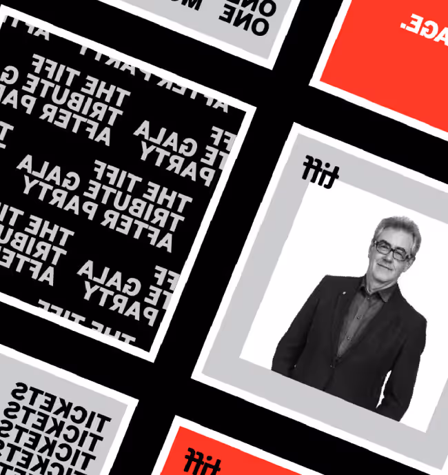 Social posts including black and white promotional tickets with text 'THE TIFF TRIBUTE GALA AFTER PARTY' surrounding a grayscale photo of a man in glasses and a suit against a white background.