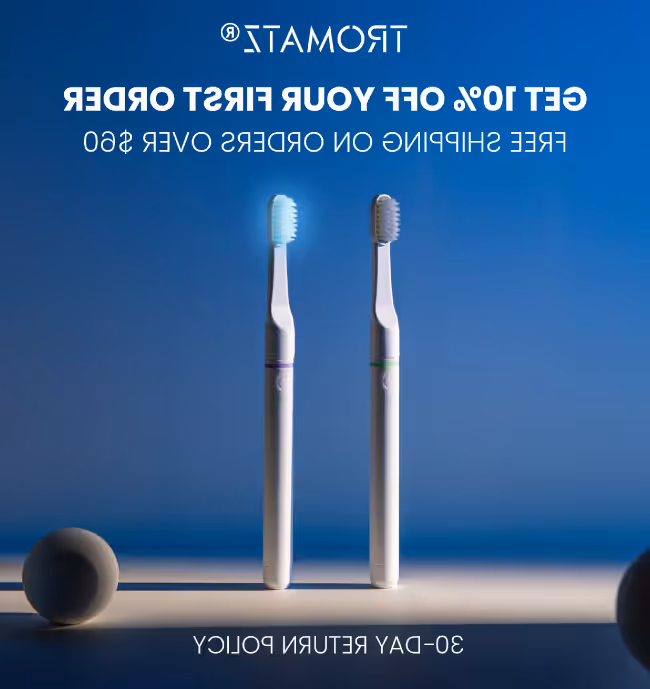 Social ad creative including two white electric toothbrushes standing upright on a surface with a blue background and promotional text above and below them.
