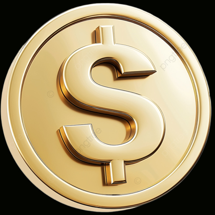 Shiny gold coin with a raised dollar sign on a black background.