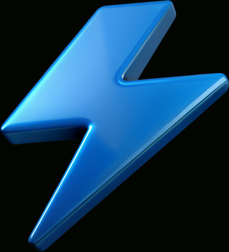 Shiny blue 3D lightning bolt icon on a black background.