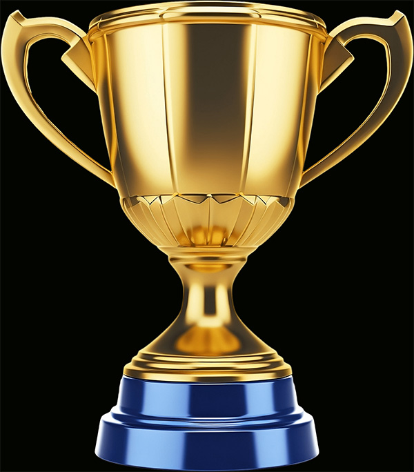 Golden trophy cup with two handles on a blue base against a black background.